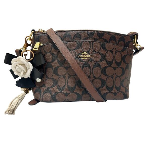 Coach Signature Brown Canvas Crossbody Shoulder Bag with Flower Tassel Charm - Picture 1 of 8